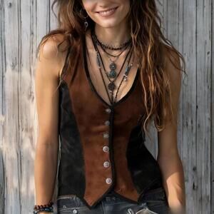 NEW VTG Retro | SZ S | Velvet Suede Brown Black Western Boho Button-Up Vest Top